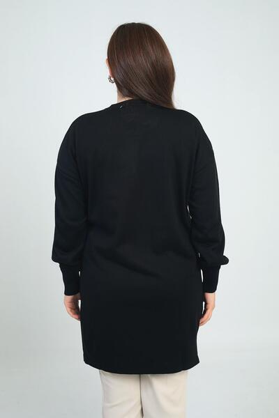 By Saygı Women's Front Single Pocket Stone Print Detailed Plus Size Knitweartunic Blouse