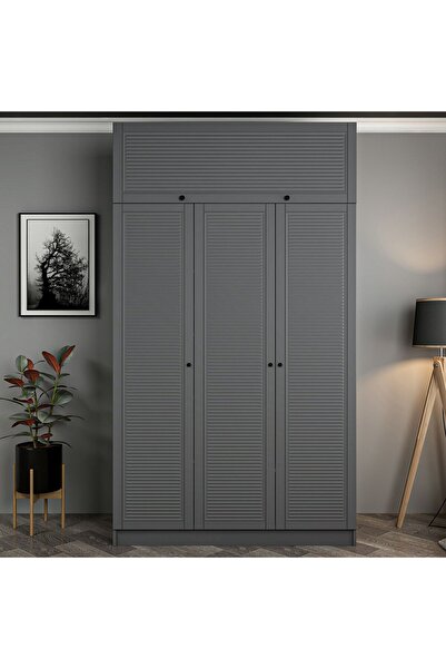Minar Kale 3 Mebran Panjur Kapaklı 2 Çekmeceli Dolap Ve Yüklük Antrasit 235CM