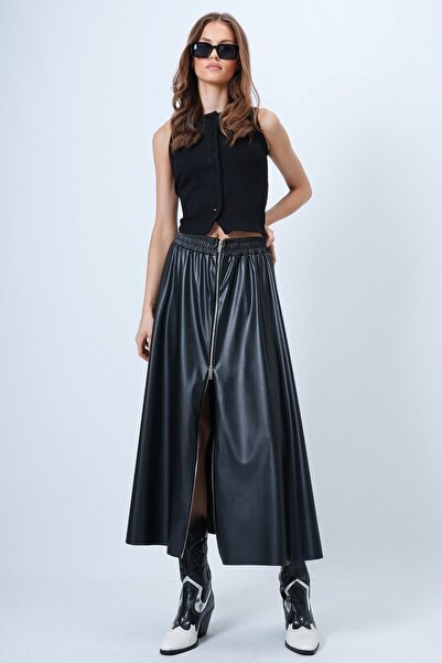 VAGGON Women's Black Elastic Waist Zippered Faux Leather Skirt Vs01388