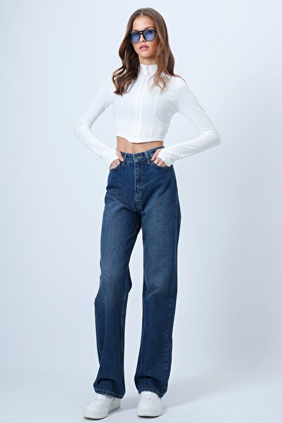 VAGGON Women's Dark Blue High Waist Straight Leg 5 Pocket Denim Pants Vs01355