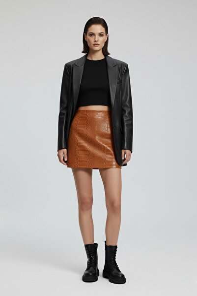 Deriderim Cognac Crocodile Patterned Genuine Leather Mini Skirt