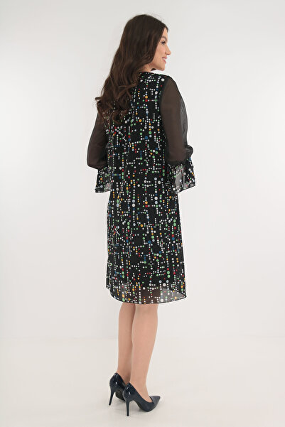 Vanessa Line RO Κομψό μαύρο φόρεμα με πολύχρωμες πουά βούλες