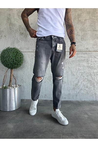 KağanKY بنطلون جينز صديق حميم ممزق عند الركبة مدخن