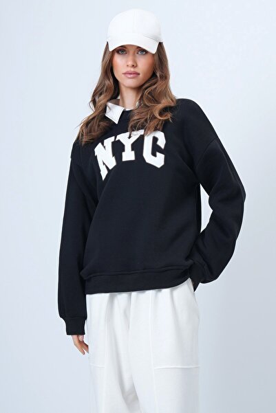 VAGGON Γυναικείο μαύρο φούτερ με κέντημα με λαιμόκοψη με μακρυμάνικο ριμπάκι εσωτερικά επένδυση fleece 3 νήματα Vs01322