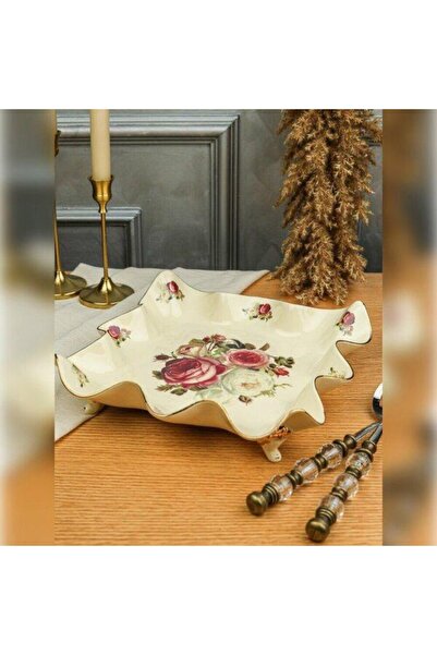 ROY KING Serving Plate Cream Gold Square Footed Rose Pattern Rose 28X5Cm