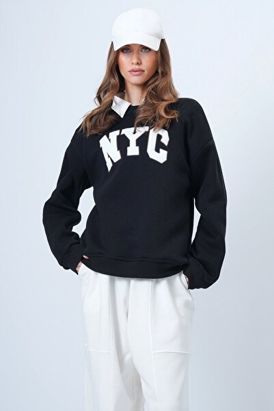 VAGGON Γυναικείο μαύρο φούτερ με κέντημα με λαιμόκοψη με μακρυμάνικο ριμπάκι εσωτερικά επένδυση fleece 3 νήματα Vs01322