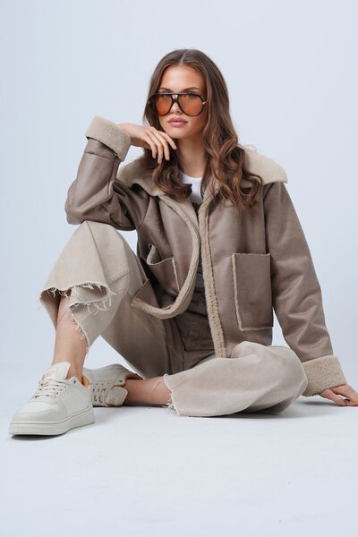 VAGGON Kadın Vizon-Bej Çift Cepli İçi Suni Kürklü Suni Deri Biker Ceket Prm0408