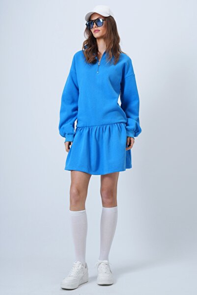 VAGGON Kadın Mavi Dik Yaka Fermuarlı Sweat Elbise Vs01313