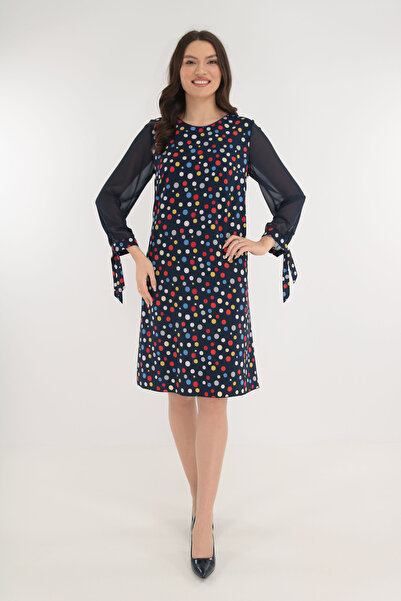 Vanessa Line RO Κομψό μπλε φόρεμα με πολύχρωμες πουά βούλες