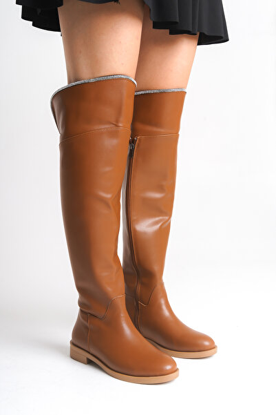 Ayakkabı Delisiyim Pembe Taşlı Taba Rengi Deri Binici Diz Üstü Kısa Topuklu K...