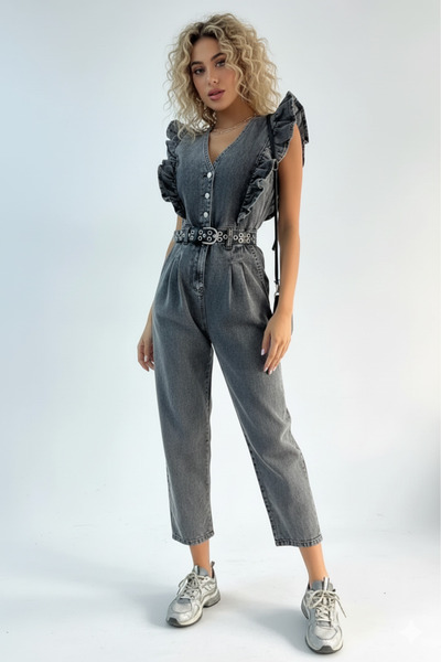 Lores Giyim Kadın Fırfır Detaylı Kolsuz Mom Kalıp Denim Tulum Füme