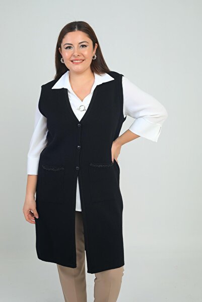 By Saygı Жіночі кишені Стрічка Деталі Великий розмір Довгий трикотажний жилет