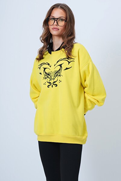 VAGGON Γυναικείο κίτρινο πλεκτό φούτερ με λαιμόκοψη με τύπωμα Vs01312