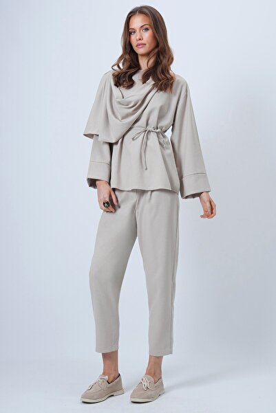VAGGON Women's Beige Shawl Detailed Wide Cuff Blouse Double Pocket Trousers Set Vs01353