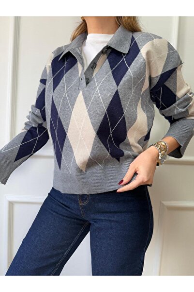 Size Özgü Navy Blue Diamond Patterned Collar Buttoned Gray Sweater