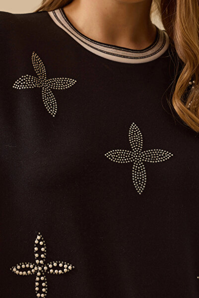 Gala-Xi Galaxi Women's Plus Size Stone Detailed Sweatshirt 4002 Black