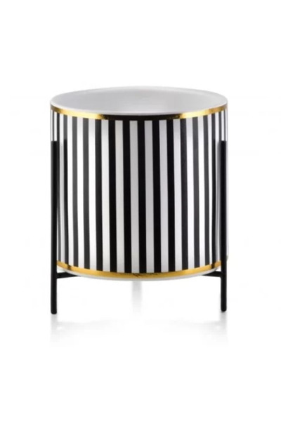 OEM Luxusný kvetináč s kovovým stojanom, biely a čierny, zvislé pruhy