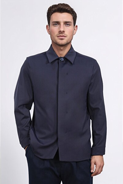 Velvarde Comfort Fit Bi-Stretch Light Textured Navy Blue Unlined Shirt Jacket