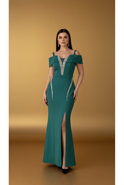 Siseniorita Long Occasion Dress with Bare Shoulders and Rhinestone Appliques