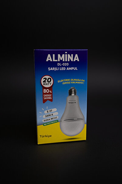 ALMİNA DL-020 20W Şarjlı LED Ampul E27 Soğuk Beyaz – Elektrik Kesintisinde Otomatik Işık