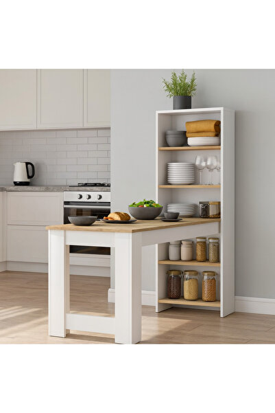 Industrial Living Masa Raflı Dekoratif Mutfak Yemek Masası,Sepet Ceviz – Beyaz, 1. Sınıf MDF