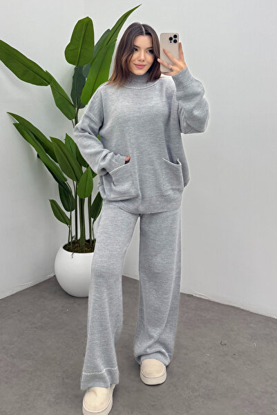 Bipantolon Women's Gray Turtleneck Pocket Detailed Sweater Pants Knitwear Set