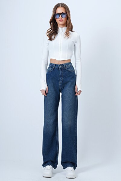 VAGGON Women's Dark Blue High Waist Straight Leg 5 Pocket Denim Pants Vs01355