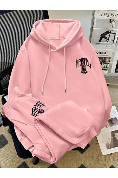 macklin Unisex Erkek Kadın Heaven Baskılı Oversize 3 İplik Kapüşonlu Eşofman Takımı