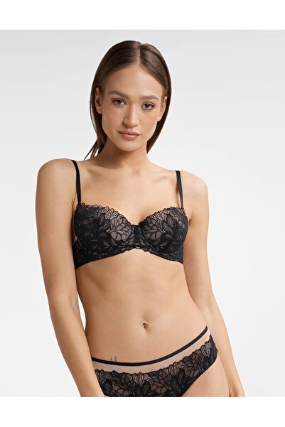 ESOTIQ Sutien push-up cu armătură, stil balconette, dantelă florală romantică...