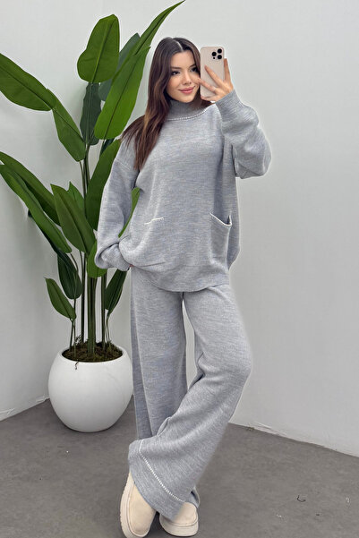 Ladima Women's Gray Turtleneck Pocket Detailed Sweater Pants Knitwear Set