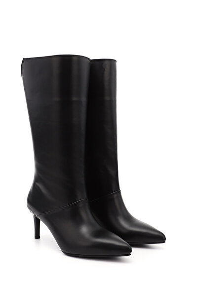 GÖNDERİ(R) Women's / Girls' Black Platinum Zippered Thin Heeled Genuine Leather Boots