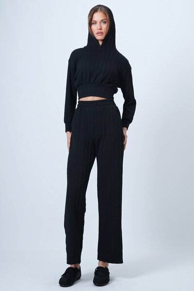 VAGGON Tricotaj negru pentru femei cu glugă tricotaj cu aspect dantelat cu transpirație și talie elastică pantaloni palazzo Vs01318