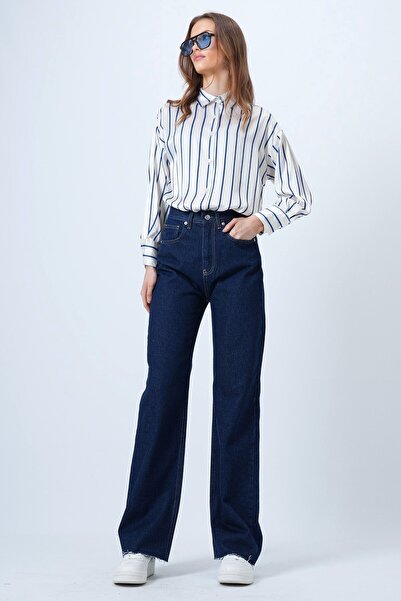 VAGGON Women's Dark Navy High Waist Wide Tassel Leg 5-Pocket Denim Pants Vs01358