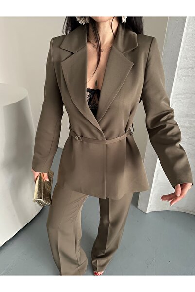 Moda İkra Blazer Jacket Wide-Leg Pants Suit and Tied at the Waist with a Thin Belt in the Color,