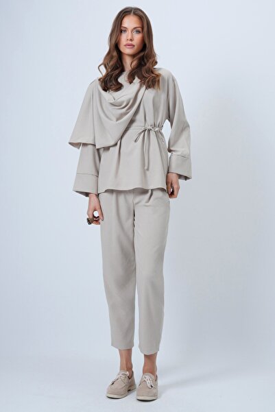 VAGGON Women's Beige Shawl Detailed Wide Cuff Blouse Double Pocket Trousers Set Vs01353