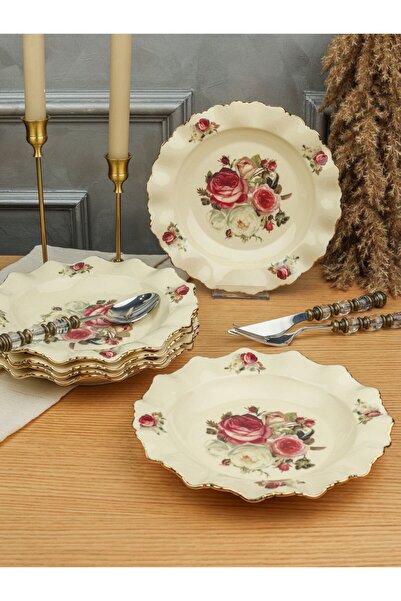 ROY KING Porcelain 6-Piece Dinner Plate Set 23 cm Cream Gold Rose Pattern Rose