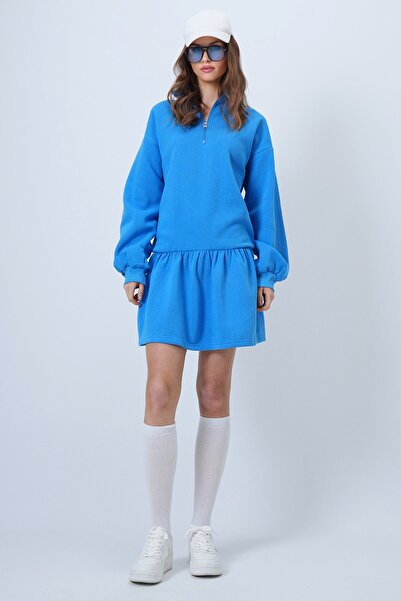 VAGGON Kadın Mavi Dik Yaka Fermuarlı Sweat Elbise Vs01313