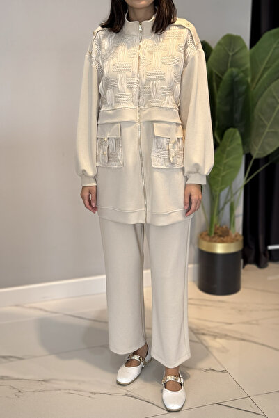 Lale Butik Tulle Cover Detailed Zippered Modal Set 120278 Beige