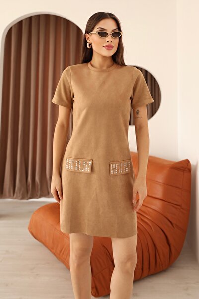 MOVİMENT Rochie de damă din piele intoarsa de nurca cu guler rotund buzunare,...