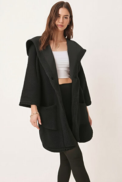 armonika Kadın Haki Önü Düğmeli Cepli Oversize Peluş Mont ARM-21K001030