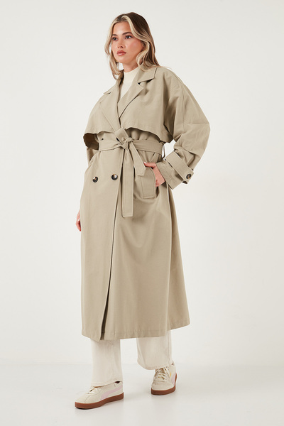 Lela Pamuklu Oversize Kruvaze Yaka Düğmeli Uzun Trençkot TRENÇKOT 6839605