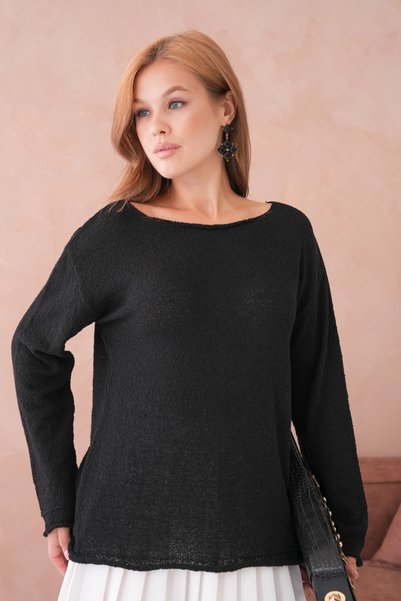 Park Karon Kadın Siyah Basic Oversize Kayık Yaka Dokulu Triko Kazak
