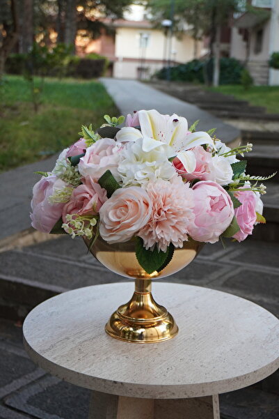 FilizKonuk Şık Gold Metal Vazoda Yapay Çiçek Aranjmanı Pembe Somon Soft Renkler