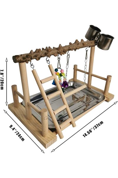 MyPetShop Natural Wood Bird Toys Playground with Removable Tray & 2 Stainless Steel Cups