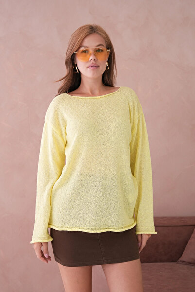 Park Karon Pulover de tricotat texturat, oversize, cu gât barcă, galben de ba...