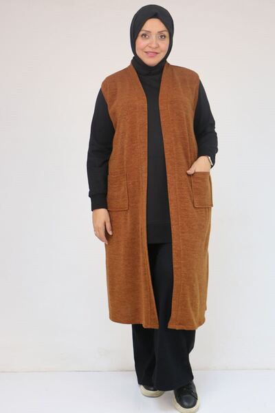 Eslina 54012 Plus Size Wear-Off Mir Vest with Pockets - Tan