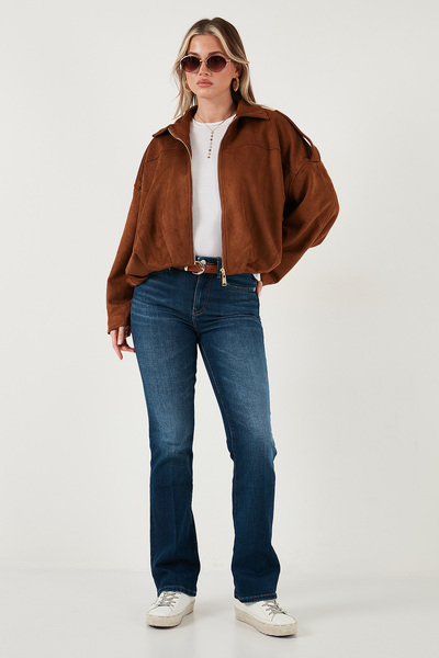 Lela Oversize Klasik Yaka Fermuarlı Süet Dokulu Bomber Ceket CEKET 6839635