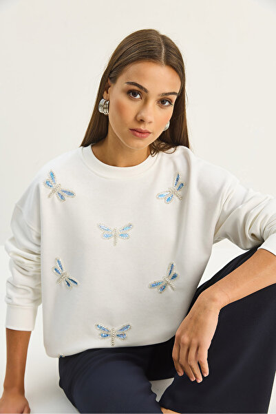 Bianco Lucci Kadın Bisiklet Yaka Kelebek Taş İşlemeli Relaxed Sweatshirt 1558 60283660