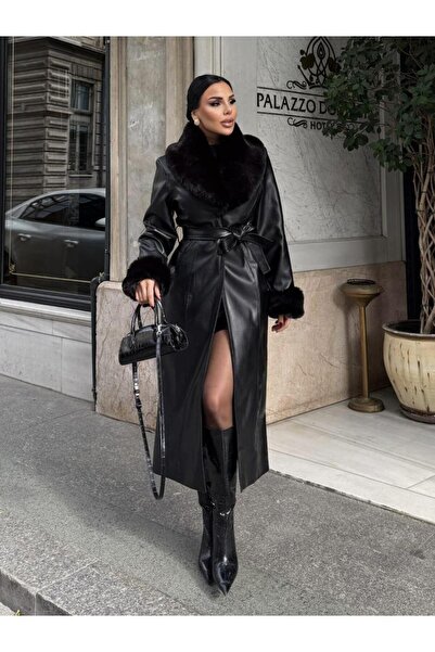 bykadriyeyılmaz Rachel Kürk Detaylı Deri Kaban Siyah