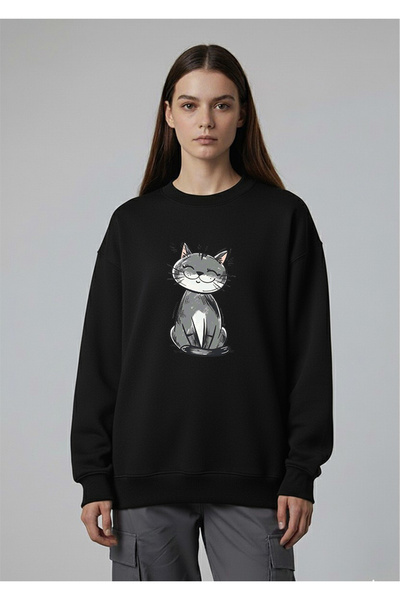 LORVEX سويت شيرت نسائي كبير الحجم برقبة دائرية مطبوع عليه قطة